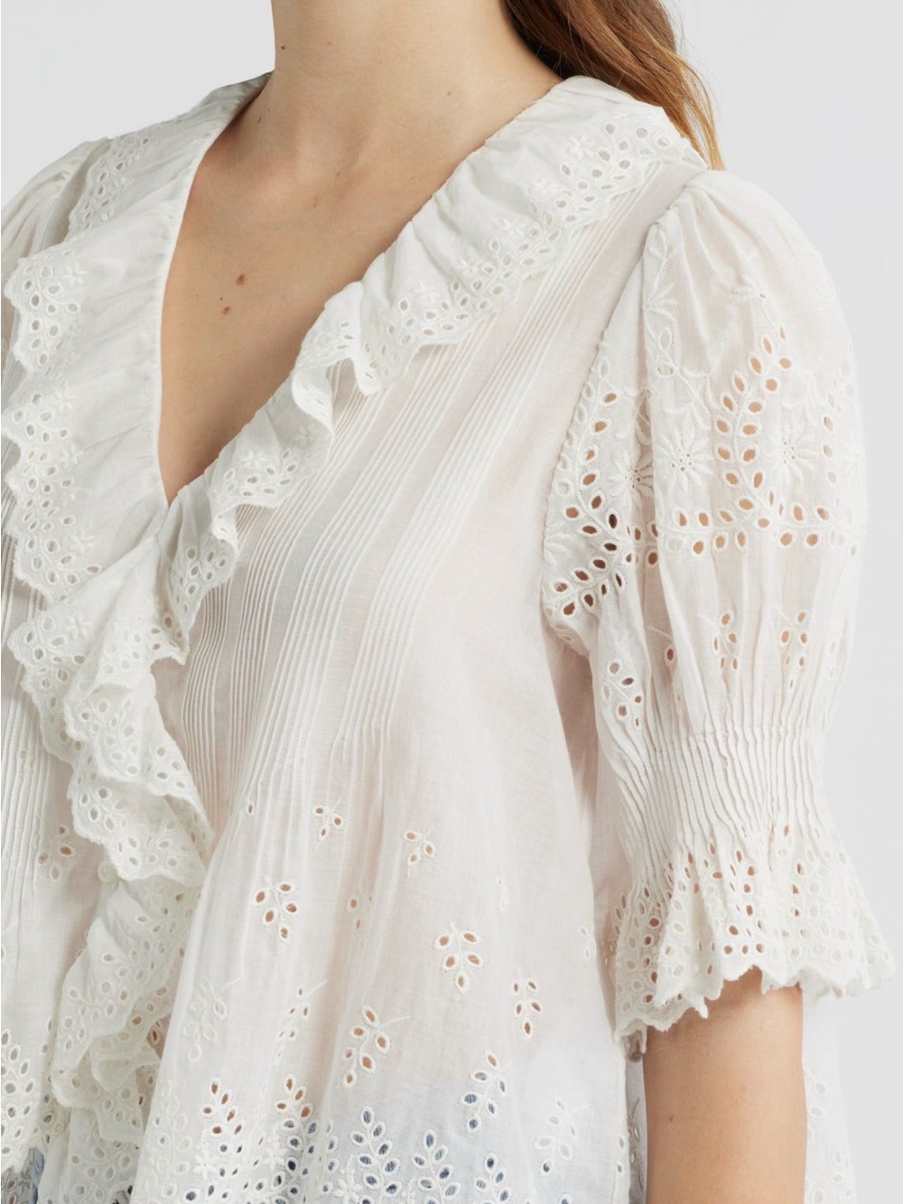 Doen Henri salt White Eyelet Ruffled V-Neck Cotton Blouse shirt voile top M - Picture 3 of 6